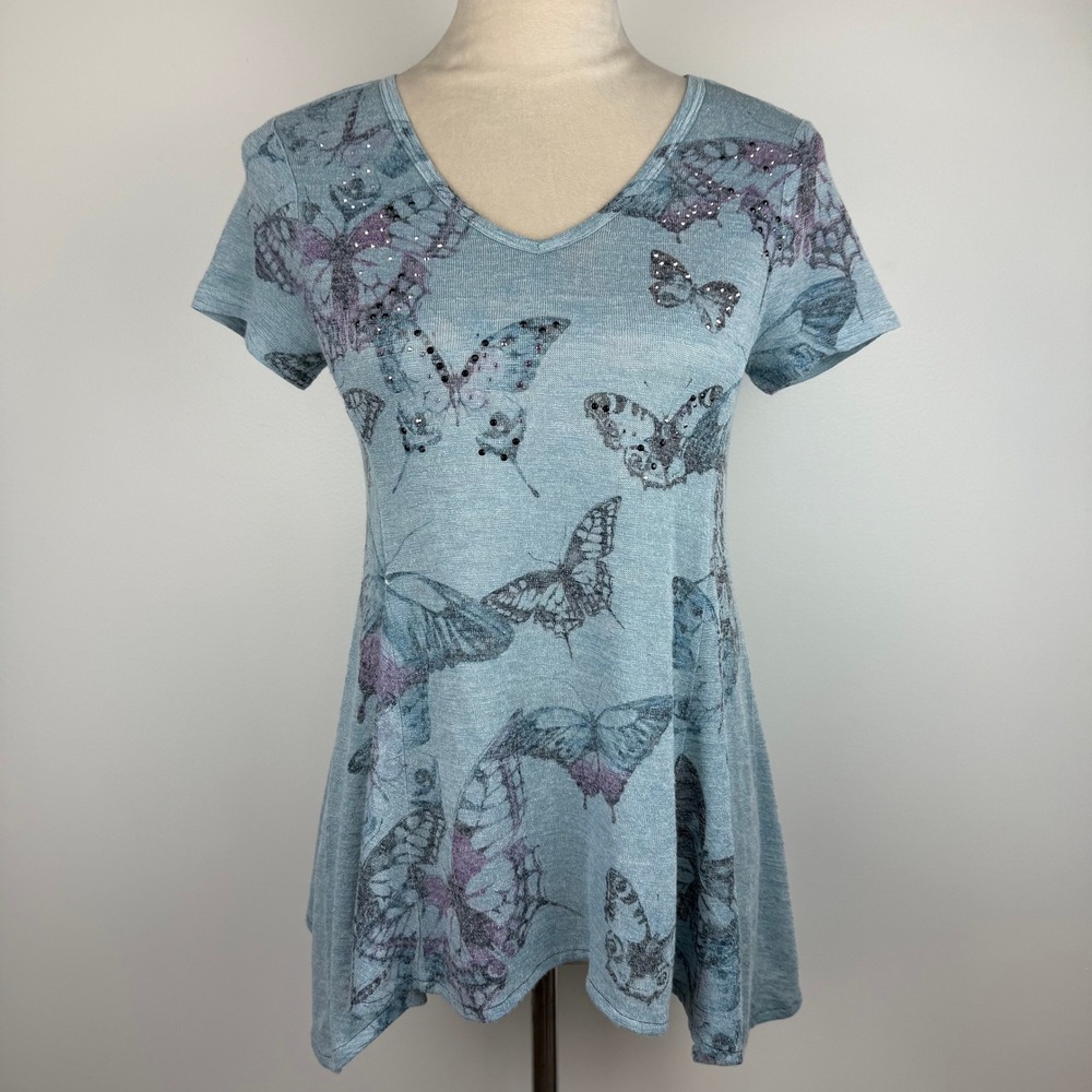 Style & Co Blue Butterfly Rhinestone Asymmetrical Hem V-Neck Top Cute Y2K Sz PP